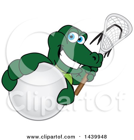 Clipart of a Gator School Mascot Character Grabbing a Lacrosse Ball and Holding a Stick - Royalty Free Vector Illustration by Mascot Junction