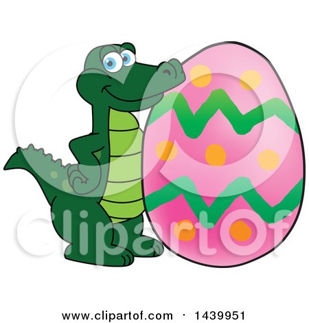 Clipart of a Gator School Mascot Character with an Easter Egg - Royalty Free Vector Illustration by Mascot Junction