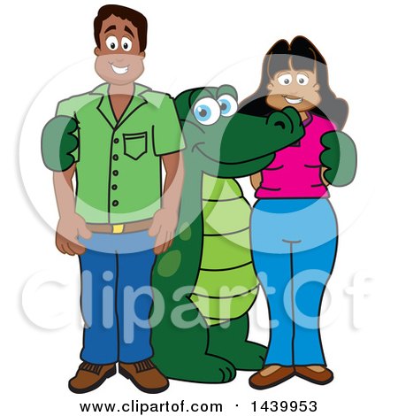 Clipart of a Gator School Mascot Character with Happy Parents or Teachers - Royalty Free Vector Illustration by Mascot Junction