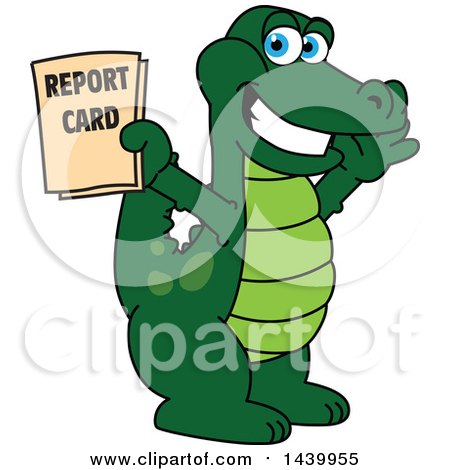 Clipart of a Gator School Mascot Character Holding a Report Card - Royalty Free Vector Illustration by Mascot Junction