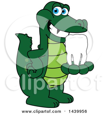 Clipart of a Gator School Mascot Character Holding a Tooth - Royalty Free Vector Illustration by Mascot Junction