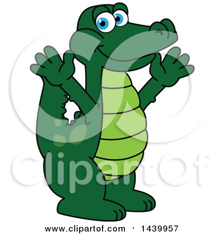 Clipart of a Gator School Mascot Character Welcoming or Cheering - Royalty Free Vector Illustration by Mascot Junction