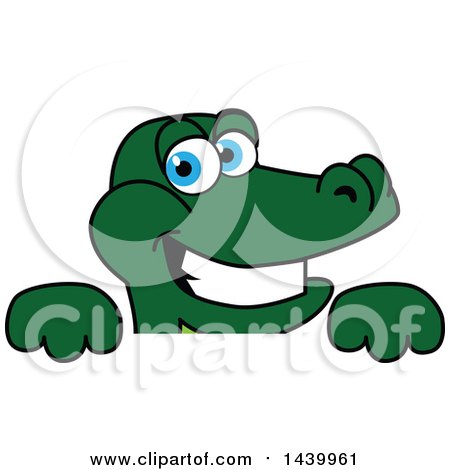 Clipart of a Gator School Mascot Character over a Sign - Royalty Free Vector Illustration by Mascot Junction