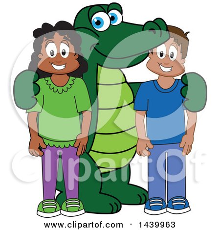 Clipart of a Gator School Mascot Character with Happy Students - Royalty Free Vector Illustration by Mascot Junction