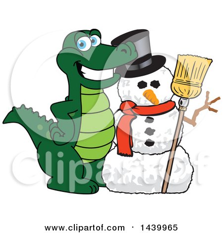 Clipart of a Gator School Mascot Character with a Snowman - Royalty Free Vector Illustration by Mascot Junction