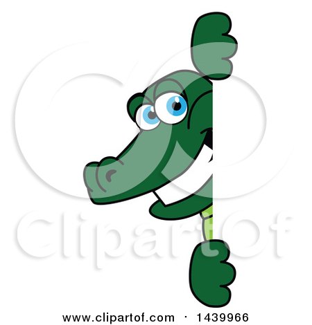 Clipart of a Gator School Mascot Character Looking Around a Sign - Royalty Free Vector Illustration by Mascot Junction