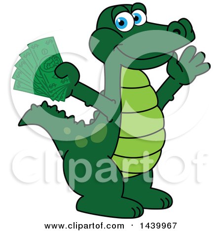 Clipart of a Gator School Mascot Character Holding Cash Money - Royalty Free Vector Illustration by Mascot Junction