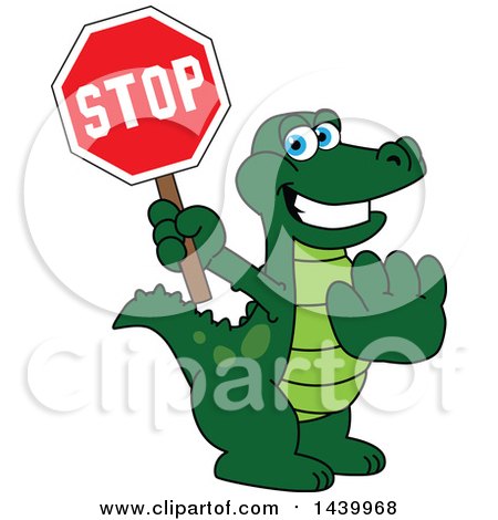 Clipart of a Gator School Mascot Character Holding a Stop Sign - Royalty Free Vector Illustration by Mascot Junction