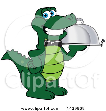 Clipart of a Gator School Mascot Character Waiter Holding a Cloche Platter - Royalty Free Vector Illustration by Mascot Junction