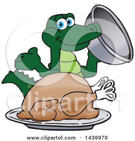 Clipart of a Gator School Mascot Character Serving a Thanksgiving Turkey - Royalty Free Vector Illustration by Mascot Junction