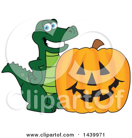 Clipart of a Gator School Mascot Character with a Halloween Jackolantern Pumpkin - Royalty Free Vector Illustration by Mascot Junction