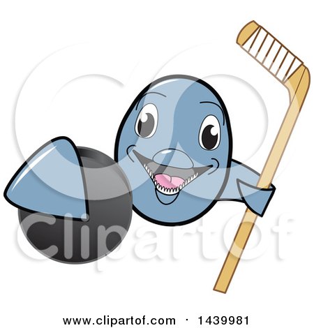 Clipart of a Porpoise Dolphin School Mascot Character Grabbing a Hockey Puck and Holding a Stick - Royalty Free Vector Illustration by Mascot Junction