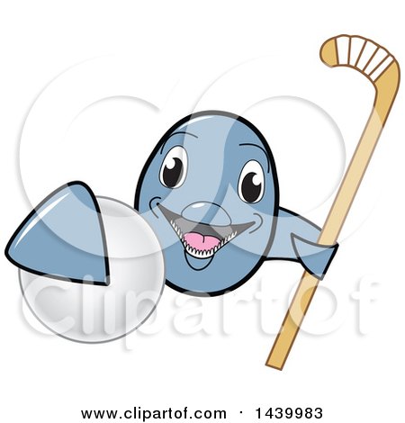 Clipart of a Porpoise Dolphin School Mascot Character Grabbing a Field Hockey Ball and Holding a Stick - Royalty Free Vector Illustration by Mascot Junction