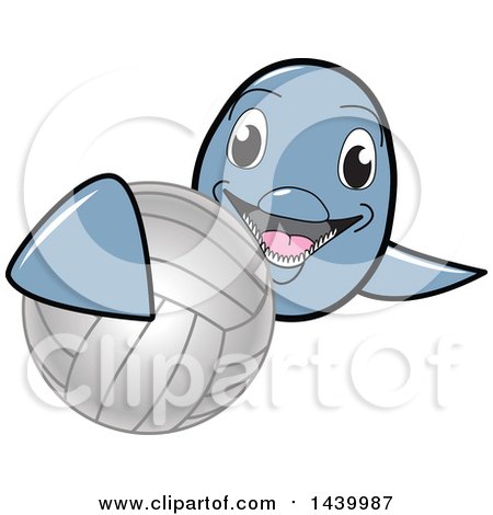 Clipart of a Porpoise Dolphin School Mascot Character Grabbing a Volleyball - Royalty Free Vector Illustration by Mascot Junction