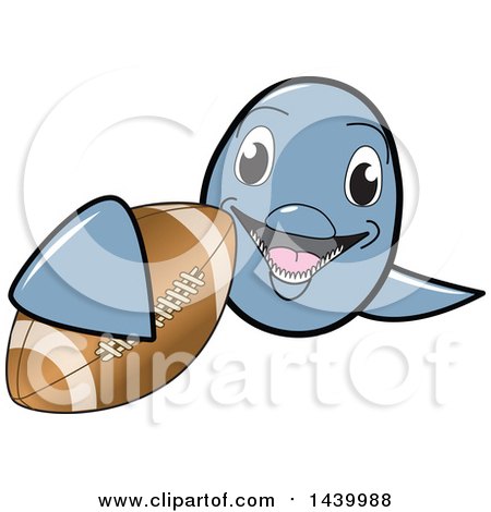 Clipart of a Porpoise Dolphin School Mascot Character Grabbing a Football - Royalty Free Vector Illustration by Mascot Junction