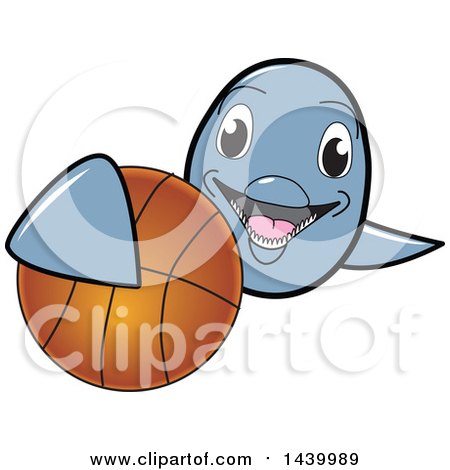 Clipart of a Porpoise Dolphin School Mascot Character Grabbing a Basketball - Royalty Free Vector Illustration by Mascot Junction
