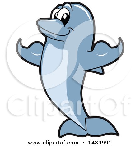 Clipart of a Porpoise Dolphin School Mascot Character Flexing - Royalty Free Vector Illustration by Mascot Junction