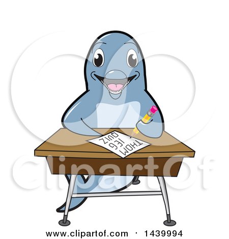 Clipart of a Porpoise Dolphin School Mascot Character Student Taking a Quiz at a Desk - Royalty Free Vector Illustration by Mascot Junction