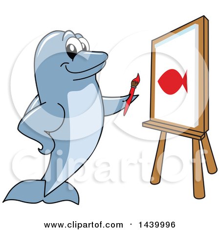 Clipart of a Porpoise Dolphin School Mascot Character Painting a Fish - Royalty Free Vector Illustration by Mascot Junction