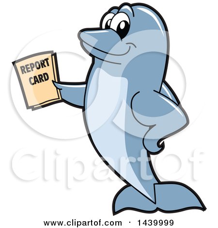 Clipart of a Porpoise Dolphin School Mascot Character Holding a Report Card - Royalty Free Vector Illustration by Toons4Biz