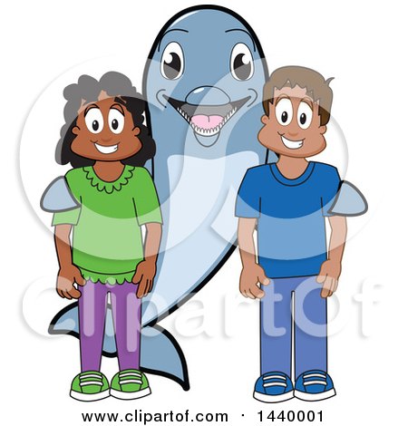 Clipart of a Porpoise Dolphin School Mascot Character with Happy Students - Royalty Free Vector Illustration by Mascot Junction