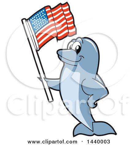 Clipart of a Porpoise Dolphin School Mascot Character Waving an American Flag - Royalty Free Vector Illustration by Mascot Junction