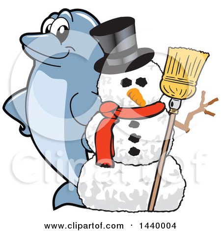 Clipart of a Porpoise Dolphin School Mascot Character with a Snowman - Royalty Free Vector Illustration by Mascot Junction