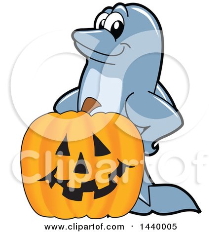 Clipart of a Porpoise Dolphin School Mascot Character with a Halloween Jackolantern Pumpkin - Royalty Free Vector Illustration by Mascot Junction