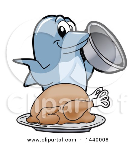 Clipart of a Porpoise Dolphin School Mascot Character Serving a Roasted Turkey - Royalty Free Vector Illustration by Mascot Junction