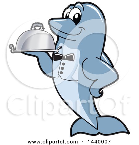 Clipart of a Porpoise Dolphin School Mascot Character Waiter Holding a Cloche Platter - Royalty Free Vector Illustration by Mascot Junction