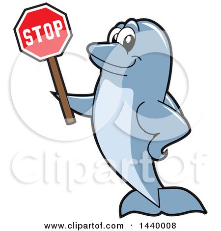 Clipart of a Porpoise Dolphin School Mascot Character Holding a Stop Sign - Royalty Free Vector Illustration by Mascot Junction