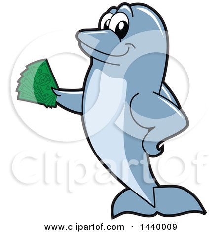 Clipart of a Porpoise Dolphin School Mascot Character Holding Cash - Royalty Free Vector Illustration by Mascot Junction