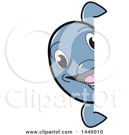 Clipart of a Porpoise Dolphin School Mascot Character Looking Around a Sign - Royalty Free Vector Illustration by Mascot Junction