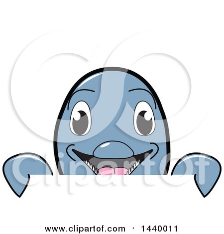 Clipart of a Porpoise Dolphin School Mascot Character Looking over a Sign - Royalty Free Vector Illustration by Mascot Junction