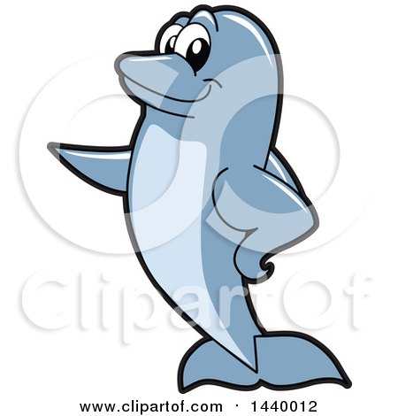 Clipart of a Porpoise Dolphin School Mascot Character Pointing - Royalty Free Vector Illustration by Mascot Junction
