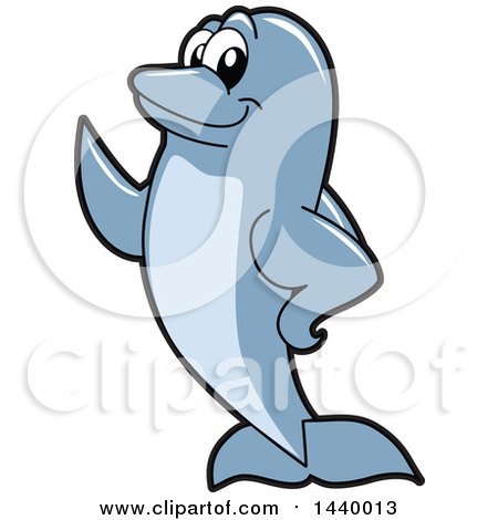 Clipart of a Porpoise Dolphin School Mascot Character Presenting - Royalty Free Vector Illustration by Mascot Junction
