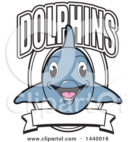 Clipart of a Porpoise Dolphin School Mascot Character Design with a Banner - Royalty Free Vector Illustration by Mascot Junction
