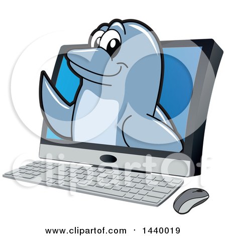 Clipart of a Porpoise Dolphin School Mascot Character Emerging from a Computer Screen - Royalty Free Vector Illustration by Mascot Junction