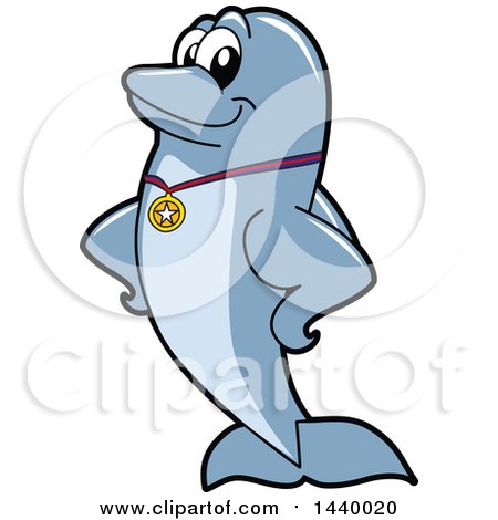 Clipart of a Porpoise Dolphin School Mascot Character Wearing a Sports Medal - Royalty Free Vector Illustration by Mascot Junction