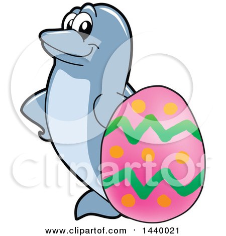 Clipart of a Porpoise Dolphin School Mascot Character with an Easter Egg - Royalty Free Vector Illustration by Mascot Junction