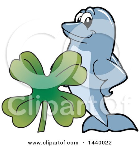 Clipart of a Porpoise Dolphin School Mascot Character with a St Patricks Day Clover - Royalty Free Vector Illustration by Mascot Junction
