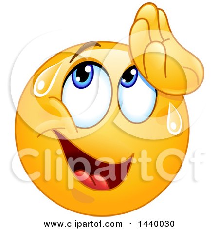 Clipart of a Cartoon Yellow Emoji Smiley Face Emoticon Wiping Sweat from His Forehead - Royalty Free Vector Illustration by yayayoyo