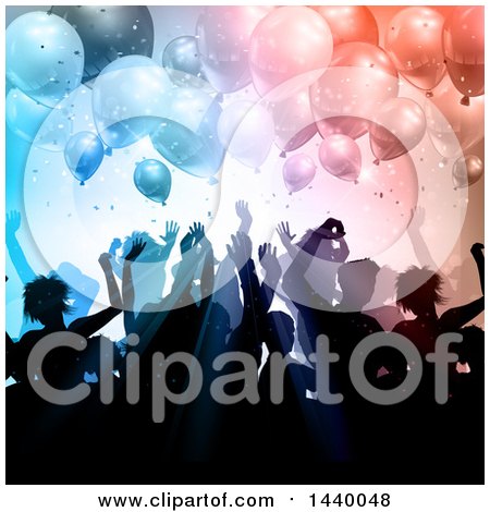 Clipart of a Group of Silhouetted People Dancing Under Party Balloons - Royalty Free Vector Illustration by KJ Pargeter
