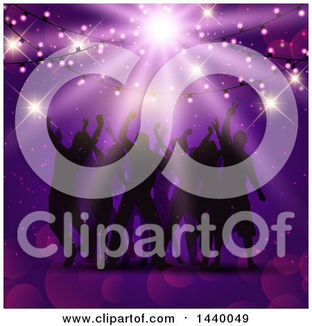 Clipart of a Group of Silhouetted People Dancing Under Party Lights, on Purple - Royalty Free Vector Illustration by KJ Pargeter