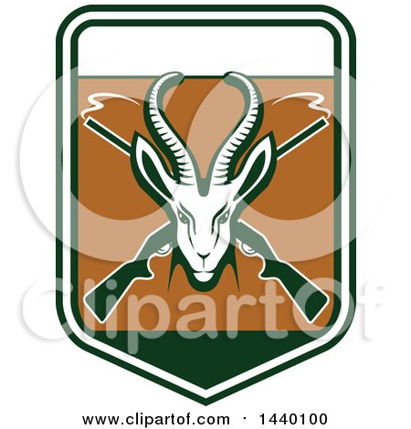 Clipart of a Green Gazelle or Saiga Antelope Head over Crossed Smoking Hunting Rifles in a Shield - Royalty Free Vector Illustration by Vector Tradition SM
