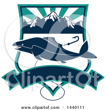 Clipart of a Fish over a Shield with a Fishing Hook and Banner - Royalty Free Vector Illustration by Vector Tradition SM