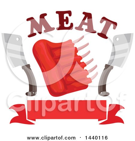 Clipart of Pork, Mutton or Beef Meat Ribs with Knives and Text over a Banner - Royalty Free Vector Illustration by Vector Tradition SM