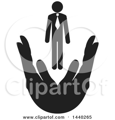Clipart of a Black and White Business Man over Hands - Royalty Free Vector Illustration by ColorMagic
