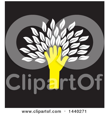 Clipart of a Yellow Hand Forming the Trunk of a Tree, with White Leaves, on Black - Royalty Free Vector Illustration by ColorMagic