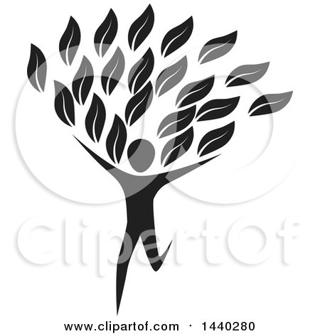 Clipart of a Black and White Running Person with Leaves - Royalty Free Vector Illustration by ColorMagic